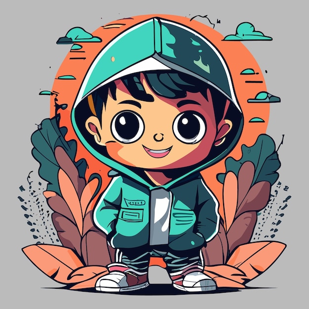 vector t shirt art ready to print Colored graffiti style full body chibi little Asian Boy weari