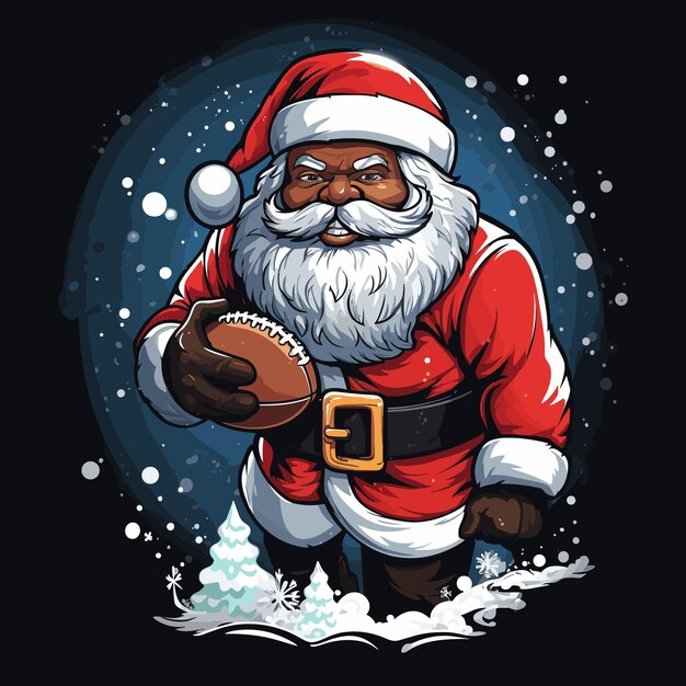 Vector vector t shirt design black santa clause holding a american football in snow cartoon