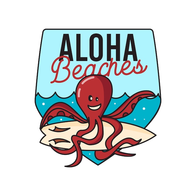 Vector t shirt design of smiling octopus with surfboard in blue sea and inscription aloha beaches