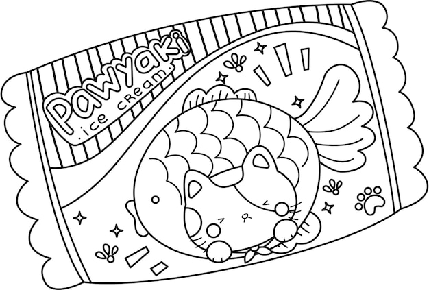 a vector of taiyaki ice cream with cat design in black and white coloring