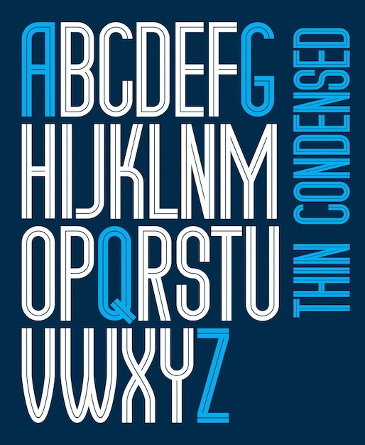 La raccolta di lettere dell'alfabeto inglese con capitale condensato alta vettoriale realizzata con linee bianche, può essere utilizzata nella progettazione di poster come pubblicità sui giornali