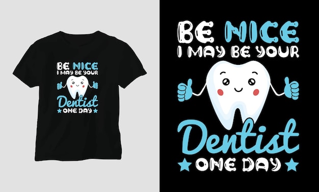 Vector tandarts schattig t-shirt of posterontwerp met cartoon tand, tandheelkundige elementen, enz.