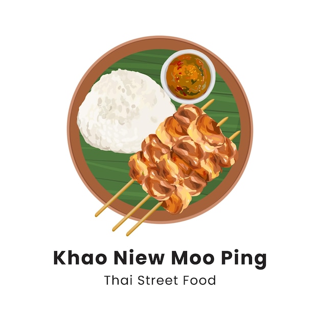 Векторная вкусная иллюстрация тайской еды khao new moo ping