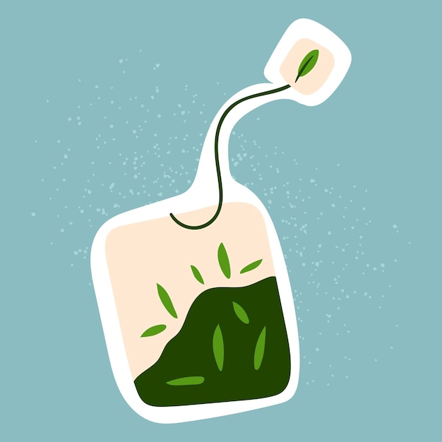 Vector tea bag with herb in doodle style isolated cartoon green tea time sticker