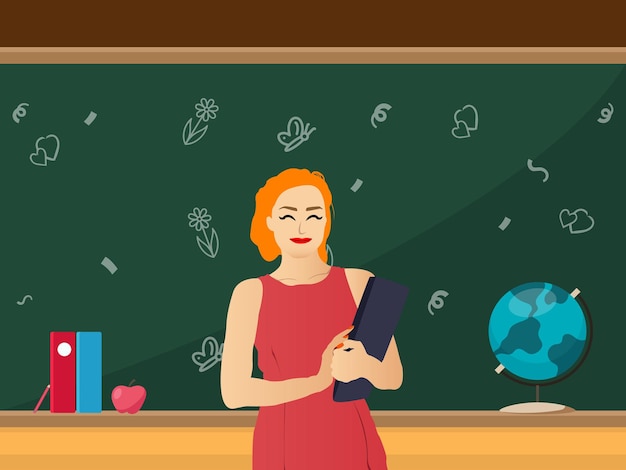 Vector vector of a teacher holding a book in front of a chalkboard. woman teacher in the classroom.