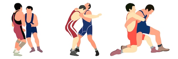 Vector team of athletes wrestlers in wrestling duel fight Greco Roman freestyle classical wrestling