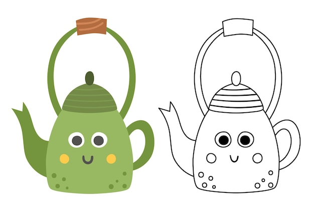 Vector teapot colored and black and white illustration Kawaii tea pot Smiling kettle coloring page