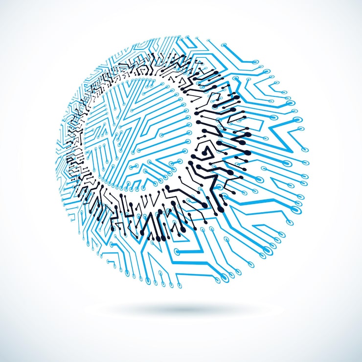 Vector vector technology cpu design with circular microprocessor scheme. computer circuit board, digital element.