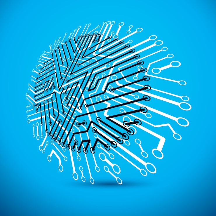 Vector vector technology cpu design with circular microprocessor scheme. computer circuit board, digital element.