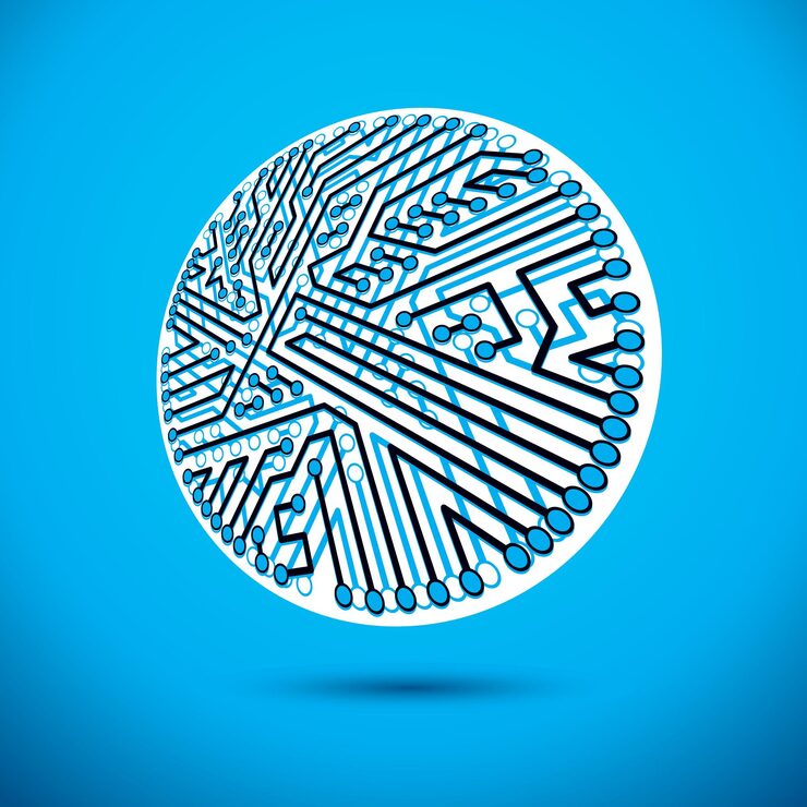 Vector vector technology cpu design with circular microprocessor scheme. computer circuit board, digital element.