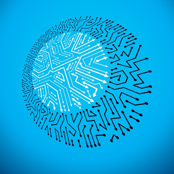 Vector vector technology cpu design with circular microprocessor scheme. computer circuit board with arrows, digital element.