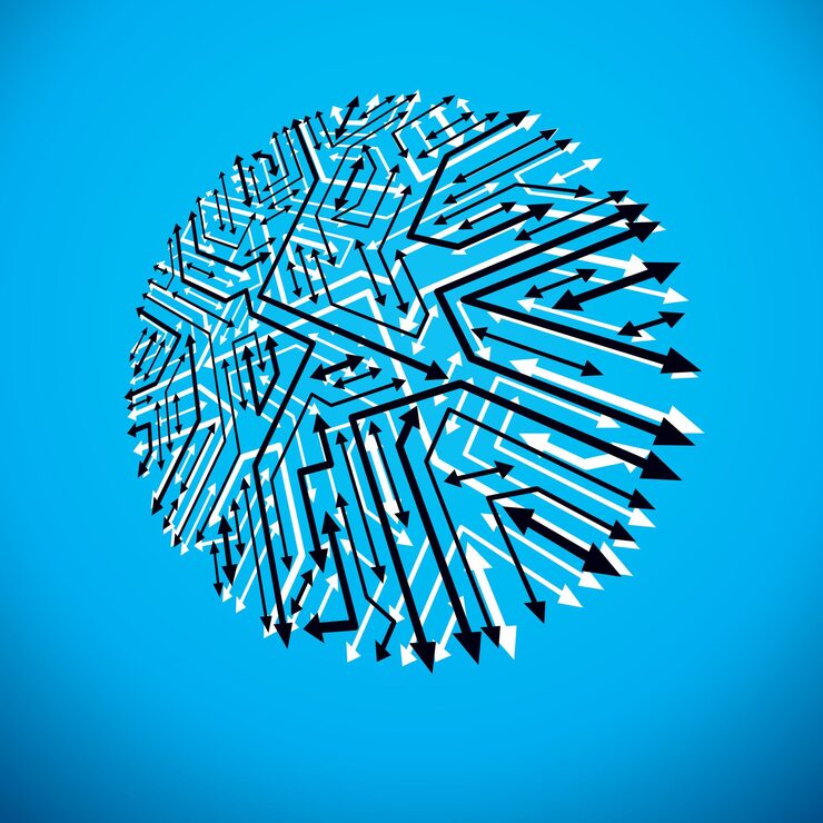 Vector vector technology cpu design with circular microprocessor scheme. computer circuit board with arrows, digital element.