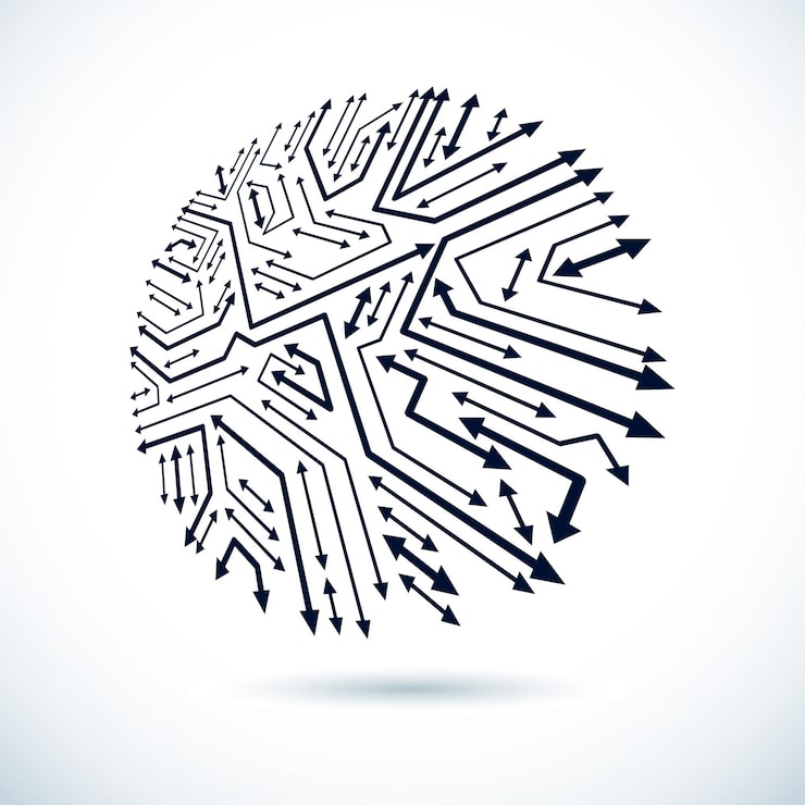 Vector vector technology cpu design with circular microprocessor scheme. computer circuit board with arrows, digital element.