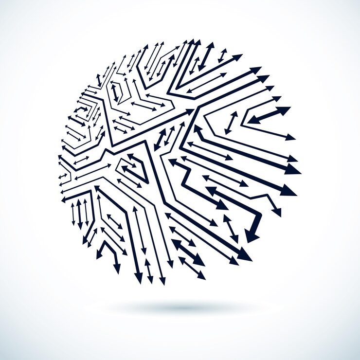 Vector 원형 마이크로프로세서 방식을 사용한 벡터 기술 cpu 디자인. 화살표, 디지털 요소가 있는 컴퓨터 회로 기판.