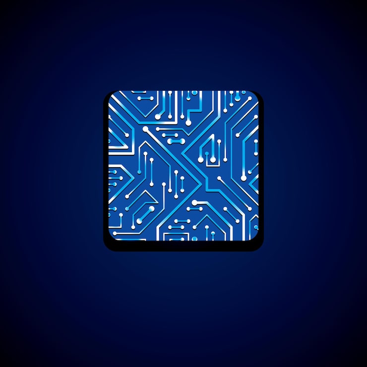 Vector 정사각형 파란색 발광 마이크로프로세서 구성표가 있는 벡터 기술 cpu 디자인. 컴퓨터 회로 기판, 플래시 효과가 있는 디지털 요소.