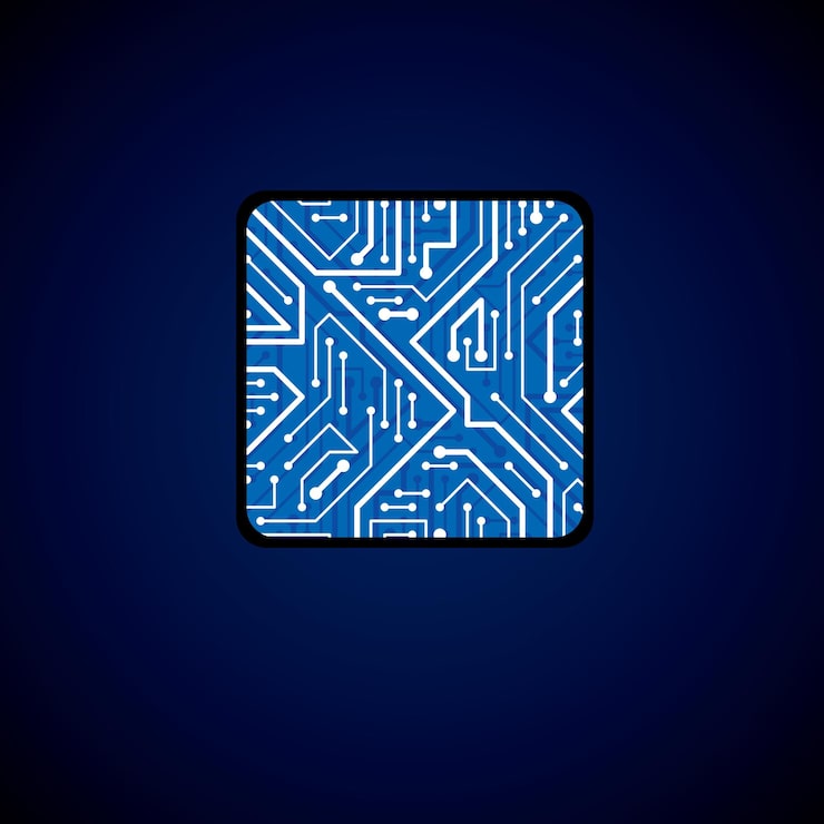 Vector vector technology cpu design with square blue luminescent microprocessor scheme. computer circuit board, digital element with flash effect.