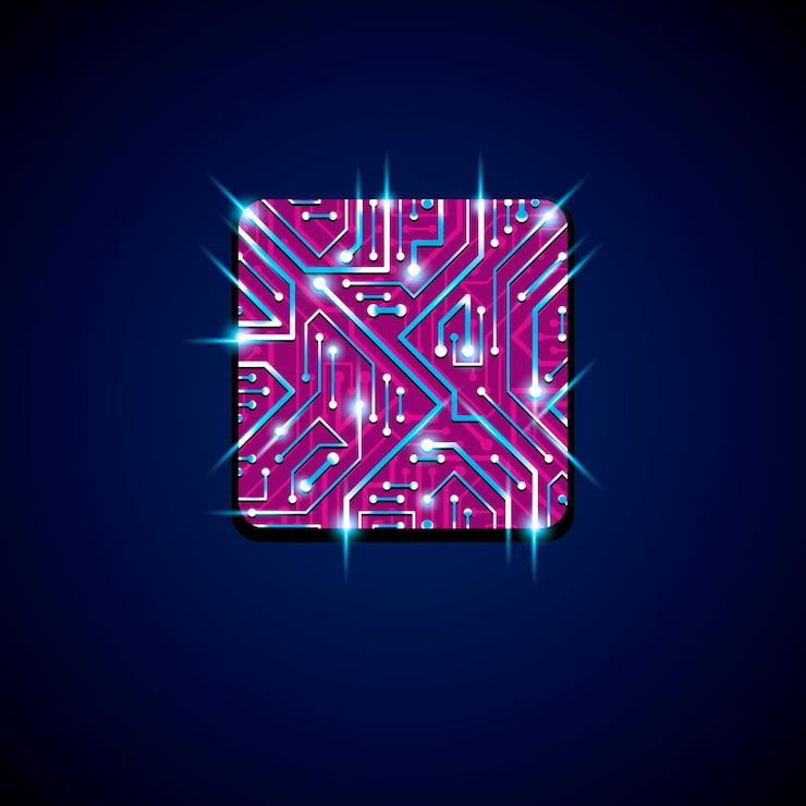 Vector vector technology cpu design with square luminescent microprocessor scheme. computer circuit board, digital element with flash effect, magenta.