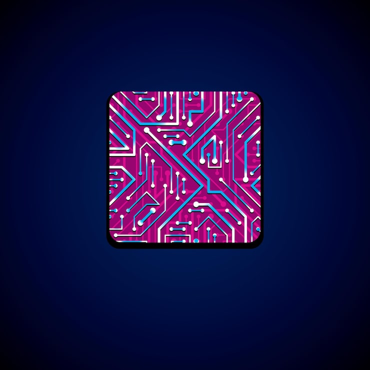 Vector vector technology cpu design with square luminescent microprocessor scheme. computer circuit board, digital element with flash effect, magenta.