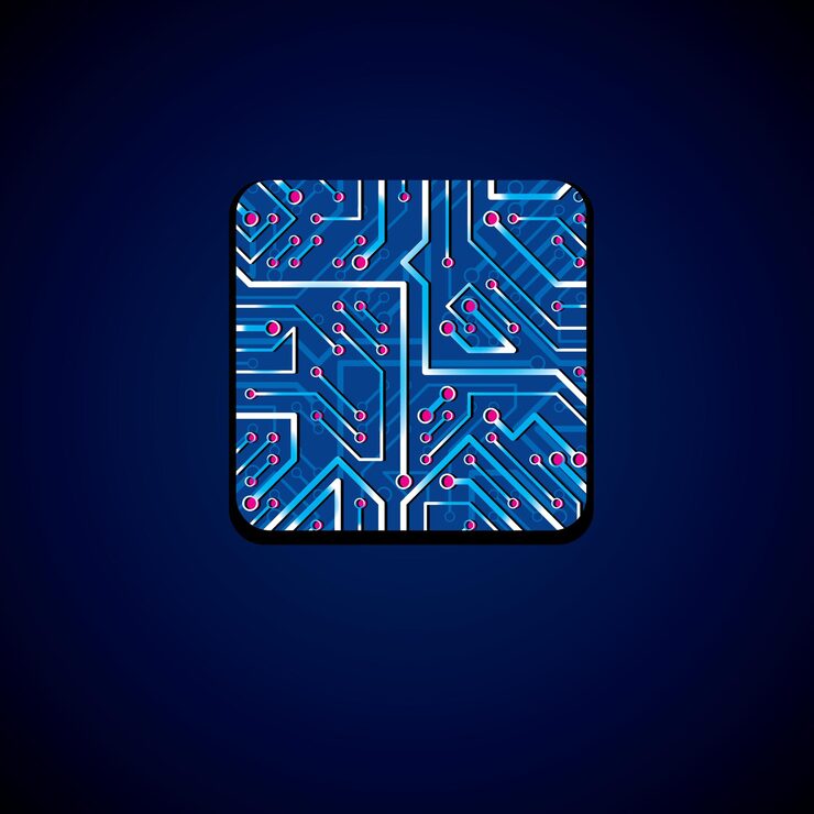 Vector vector technology cpu design with square luminescent microprocessor scheme. computer circuit board, digital element with flash effect.