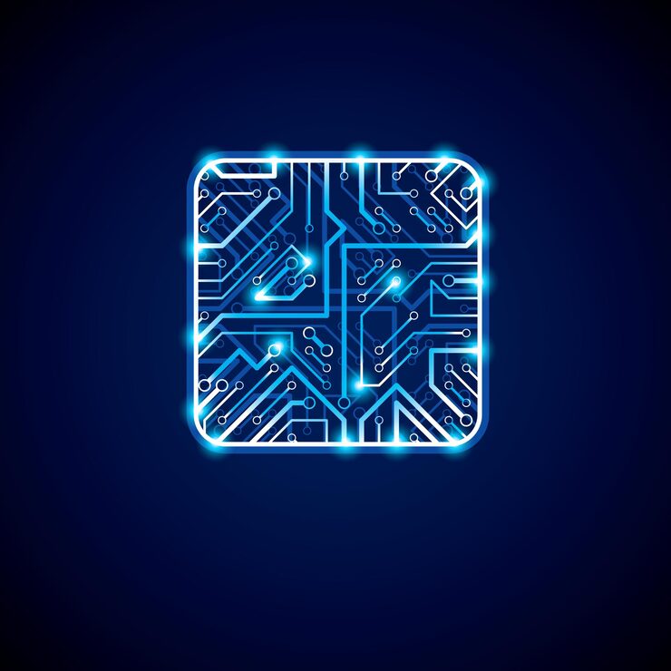 Vector vector technology cpu design with square luminescent microprocessor scheme. computer circuit board, neon digital element with flash effect.