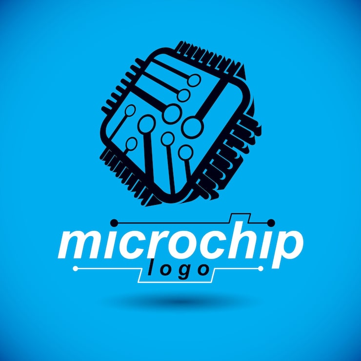 Vector 정사각형 마이크로프로세서 구성표가 있는 벡터 기술 cpu 디자인입니다. 컴퓨터 회로 기판, 디지털 요소입니다. 기술 마이크로칩 로고.