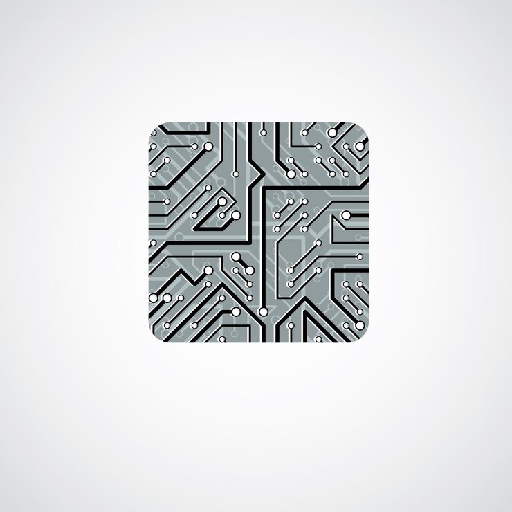 Vector vector technology cpu design with square microprocessor scheme. computer circuit board, digital element.