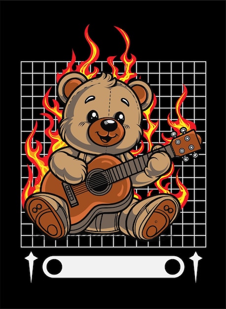 Vector teddybeer die gitaar speelt illustratie straatkleding kledingontwerp