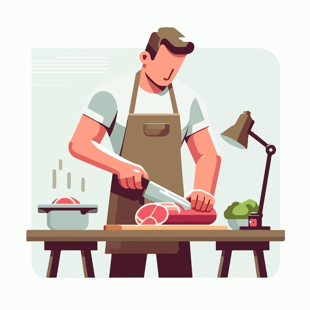 vector teenager cutting meat in flat design style