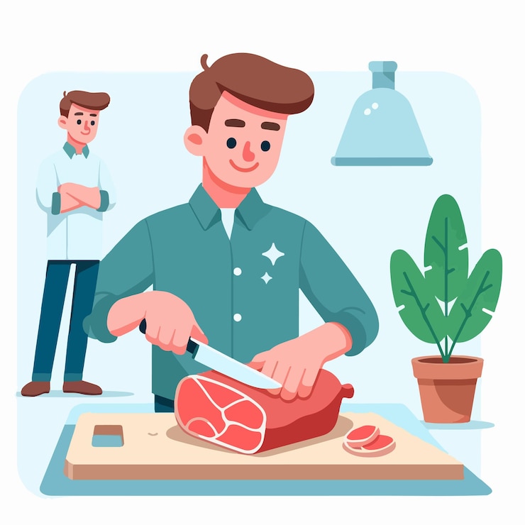 Vector vector teenager cutting meat in flat design style