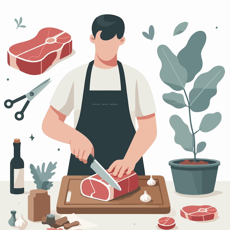 Vector vector teenager cutting meat in flat design style