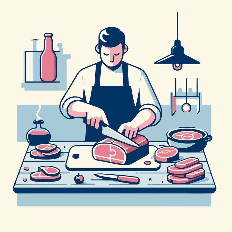Vector vector teenager cutting meat in flat design style