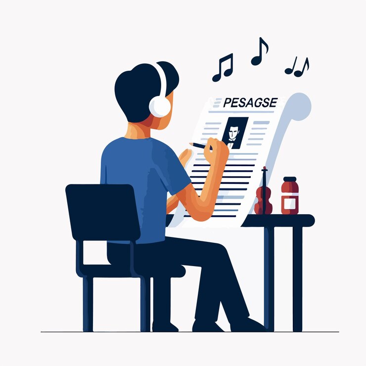 Vector vector of a teenager writing an article about classical music with a simple and minimalist design