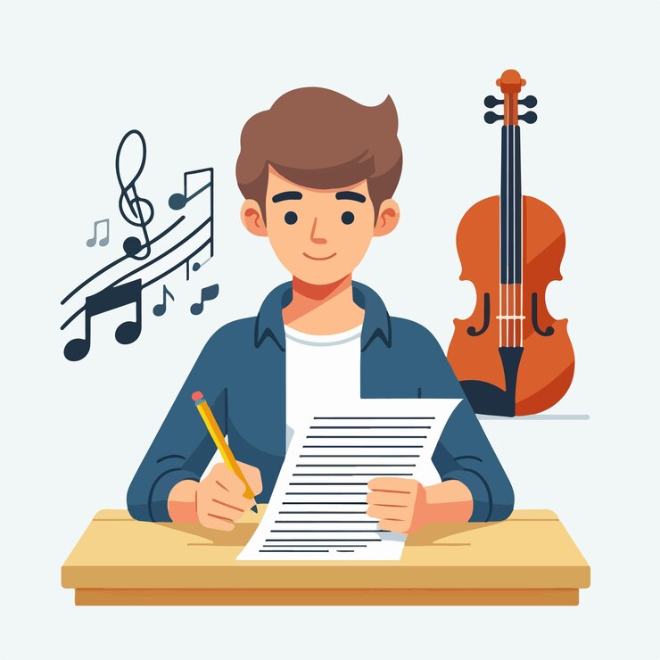 Vector vector of a teenager writing an article about classical music with a simple and minimalist design