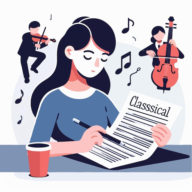 Vector vector of a teenager writing an article about classical music with a simple and minimalist design