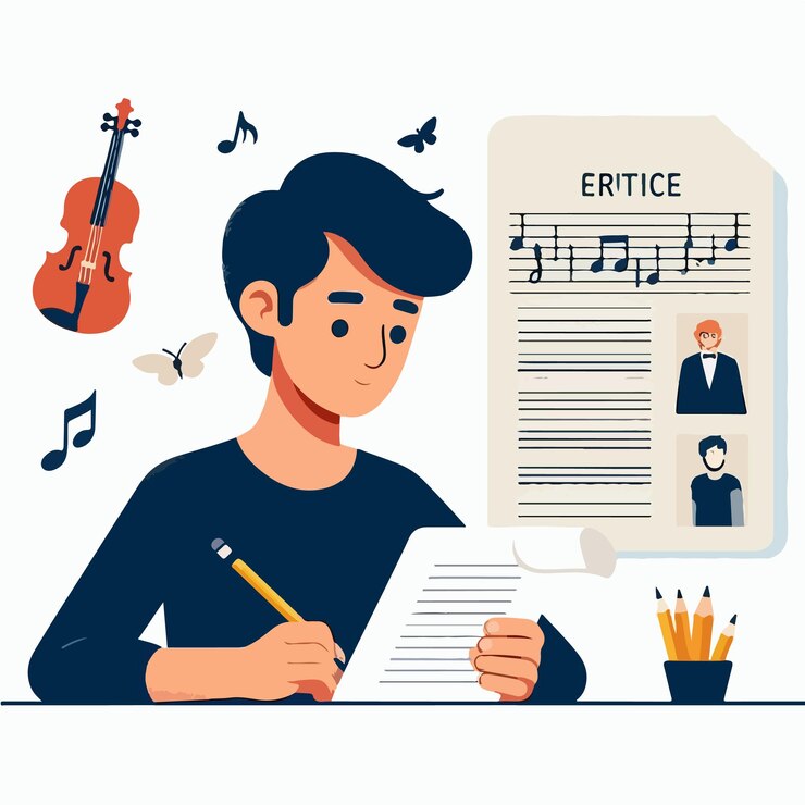 Vector vector of a teenager writing an article about classical music with a simple and minimalist design