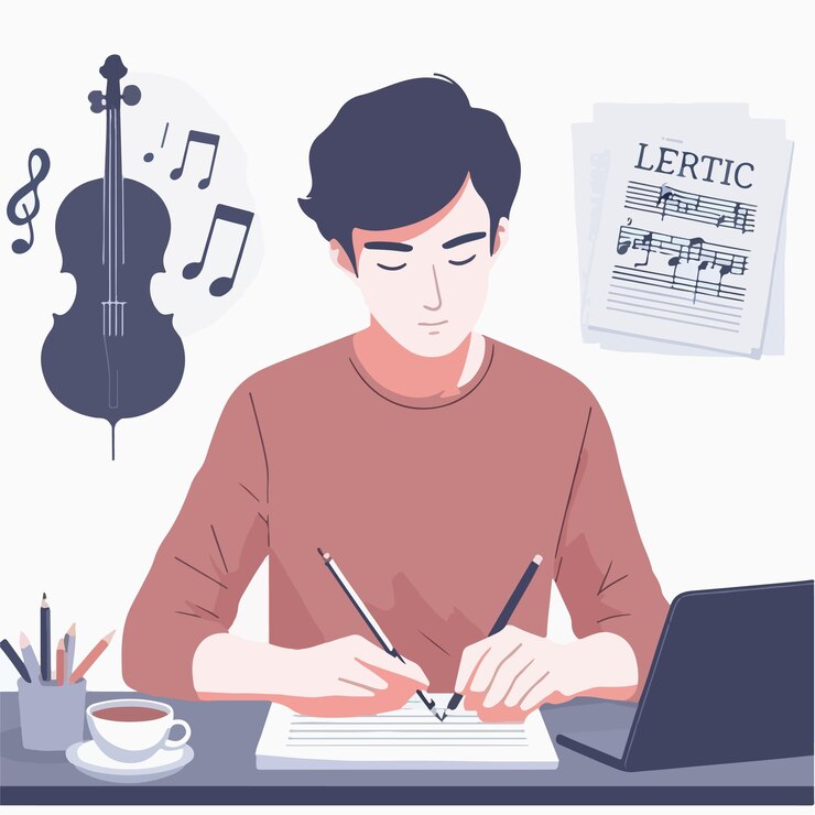 Vector vector of a teenager writing an article about classical music with a simple and minimalist design