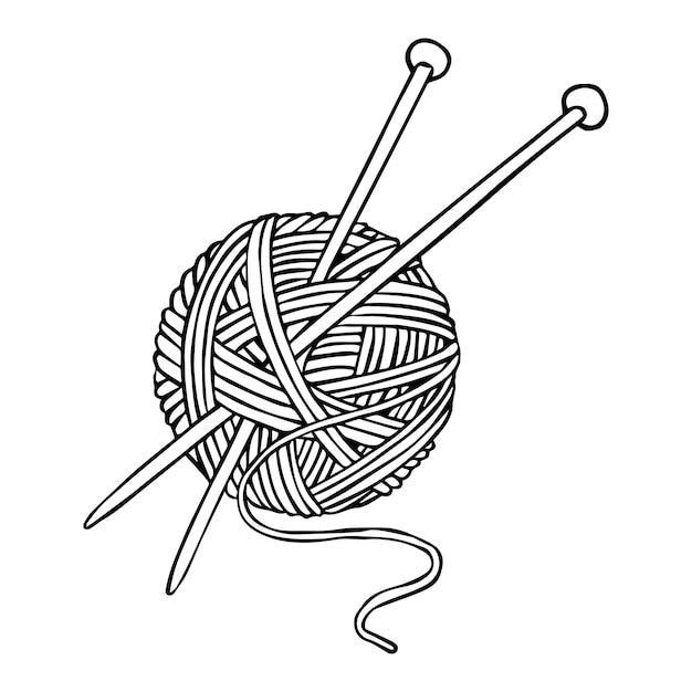 vector tekening in doodle stijl een bolletje wol en breinaalden breien haak hobby