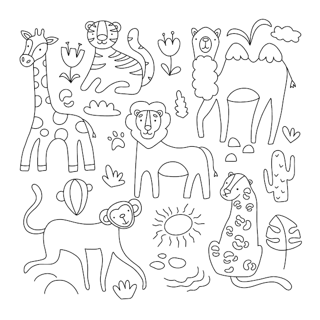 Vector tekening in doodle stijlenset van schattige kinderen illustraties van Afrikaanse dieren giraffe aap tijger leeuw cheetah kameel