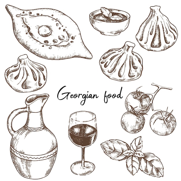 Vector tekening, set van gerechten uit de georgische keuken. georgisch eten khachapuri khinkali, wijn en saus