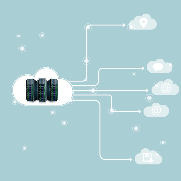 Vector vector tekening super computer. het cloud computing-concept.