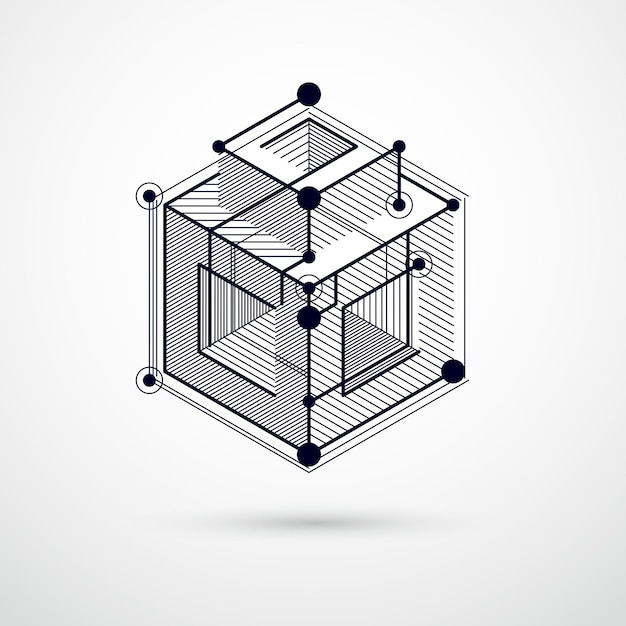 Vector tekening van zwart-wit industrieel systeem gemaakt met lijnen en 3D-kubussen. Moderne geometrische compositie kan worden gebruikt als sjabloon en lay-out.