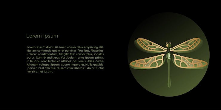 Vector vector  template, banner with golden dragonfly on black background, copy space. for invitation, cards or banner and  poster, landing page