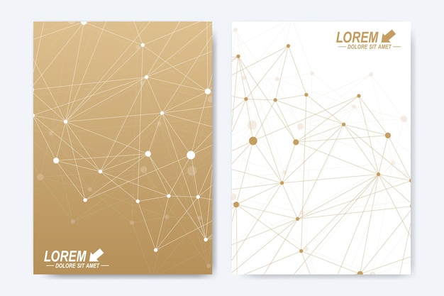 Vector vector template for brochure leaflet flyer advert cover catalog magazine or annual report geometric background molecule and communication golden cybernetic dots lines plexus card surface