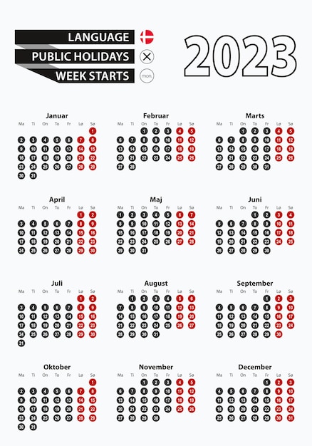 Вектор Векторный шаблон календаря 2023 года с номером в кругах простой датский календарь на 2023 год