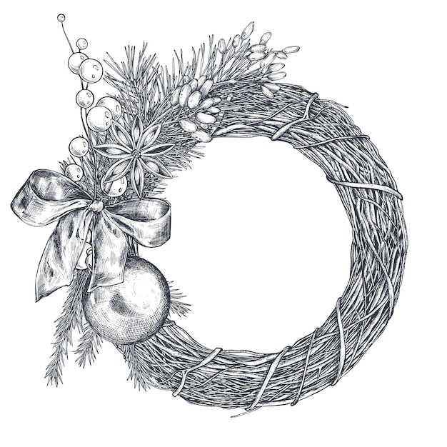 Vector template for Christmas greeting card or invitation with hand drawn wreath winter plants pine cones ball