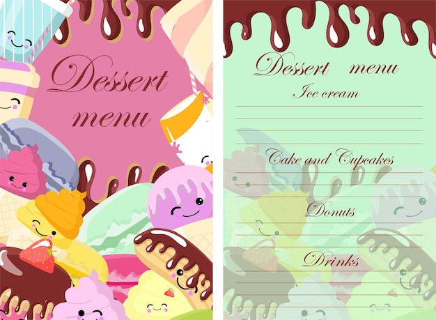 Vector template of dessert candy bakery and sweets menu Sketch hand drawn illustration Colorful background