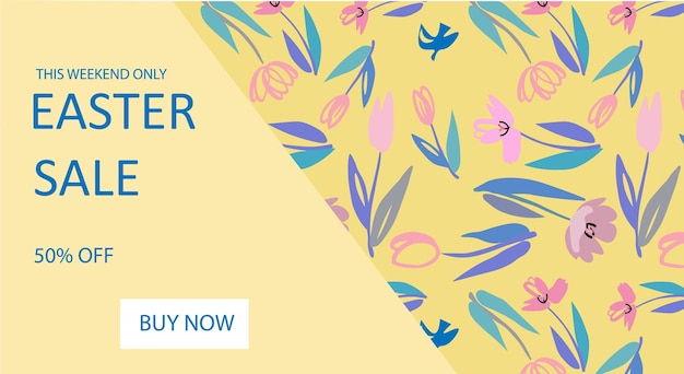 Vector vector template of easter sale banner with tulips on the yellow background for design of flyers