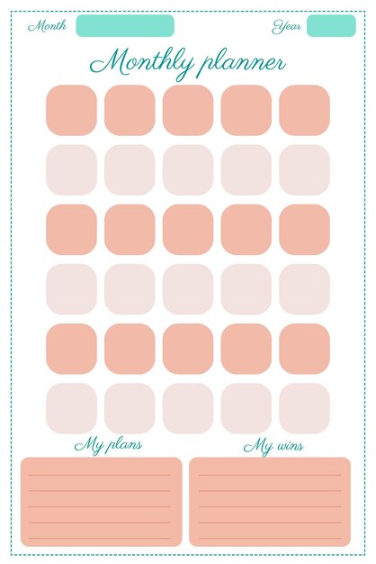 Vector vector template for making your month planner with lists goals and wins