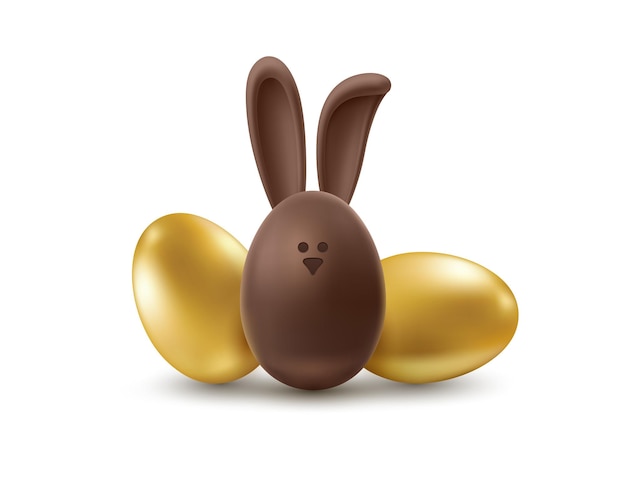 Вектор Векторный шаблон рисованных пасхальных яиц и кролика на изолированном фоне цветная иллюстрация 3d объемного золотого яйца и шоколадного кролика с ушами для открытки баннер плакат