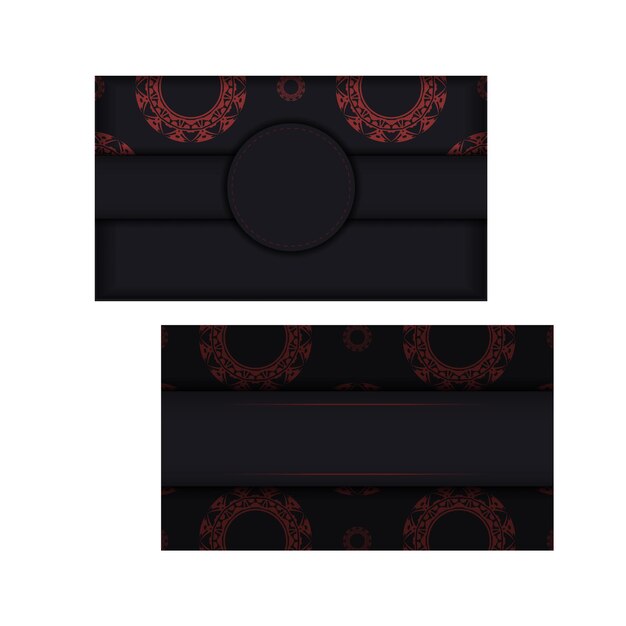 Векторный шаблон для печати визитных карточек черного цвета с красными греческими узорами. Готовим визитку с местом для текста и абстрактным орнаментом.